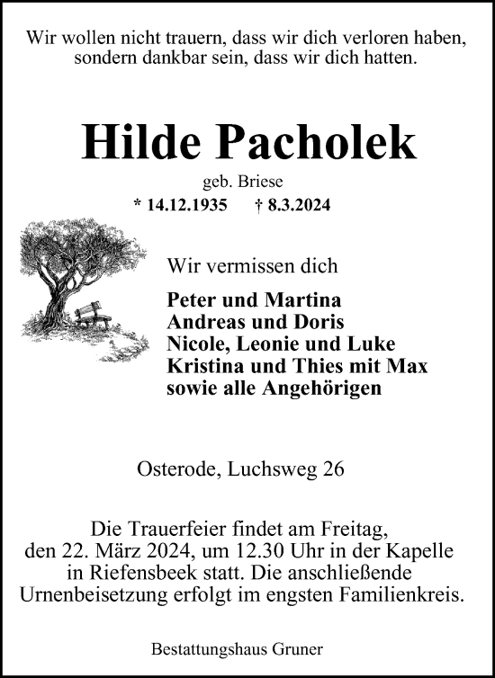 Traueranzeige von Hilde Pacholek von Harz Kurier
