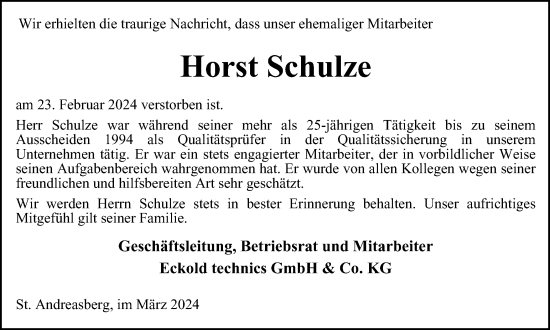 Traueranzeige von Horst Schulze von Harz Kurier