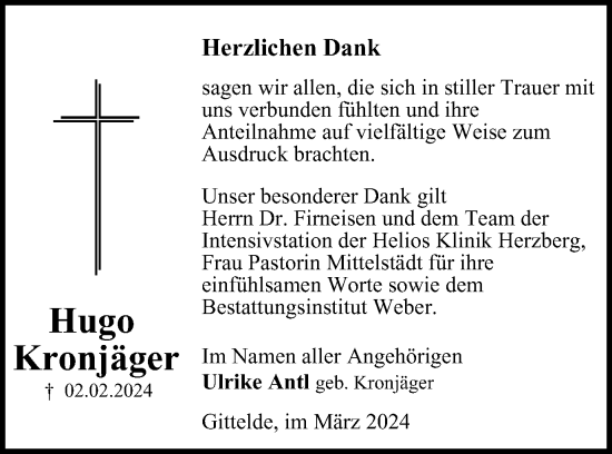 Traueranzeige von Hugo Kronjäger von Harz Kurier