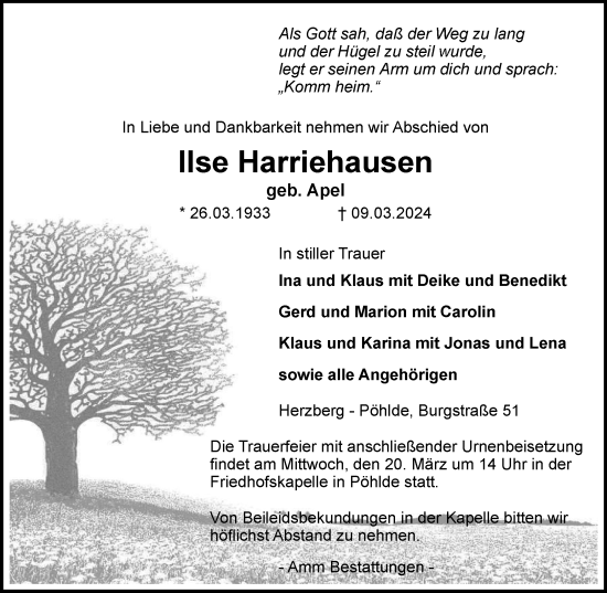 Traueranzeige von Ilse Harriehausen von Harz Kurier