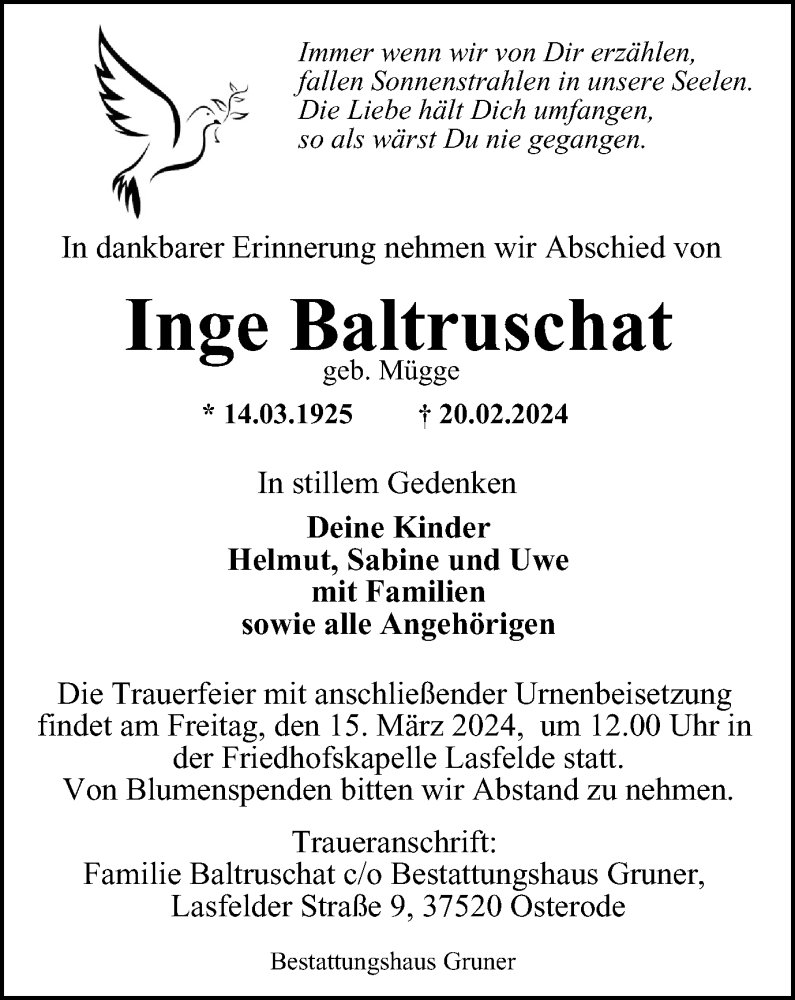  Traueranzeige für Inge Baltruschat vom 02.03.2024 aus Harz Kurier