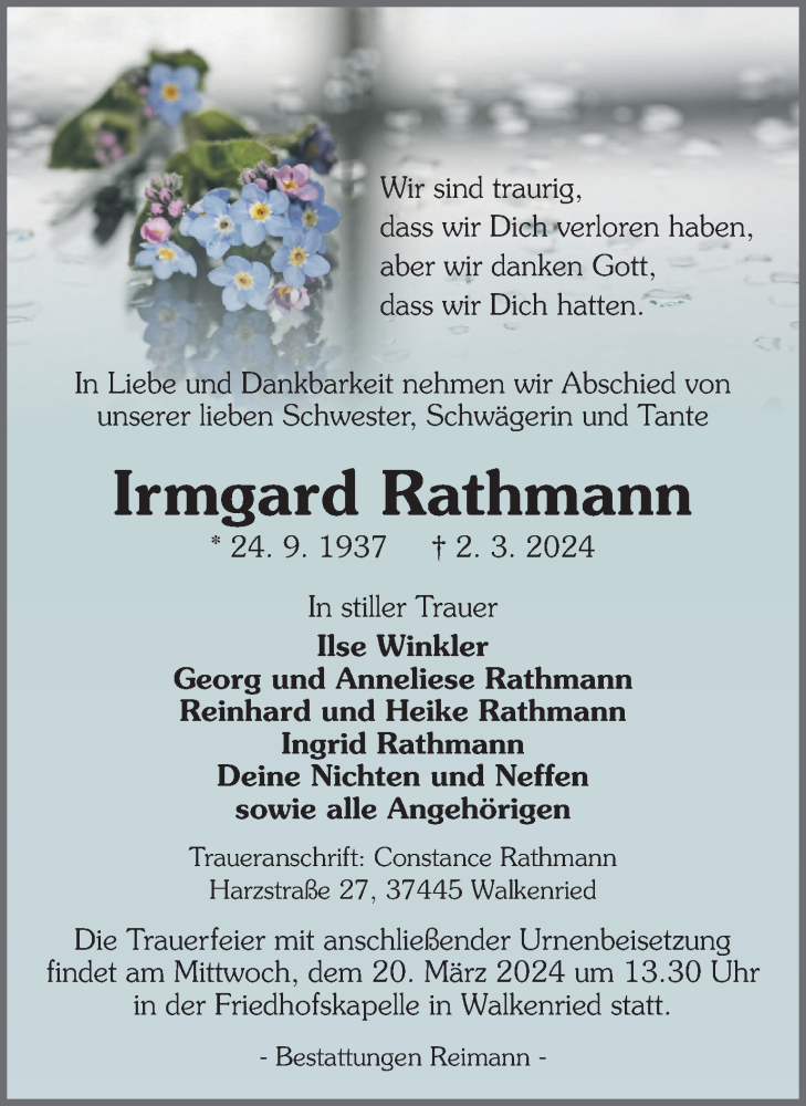  Traueranzeige für Irmgard Rathmann vom 16.03.2024 aus Harz Kurier