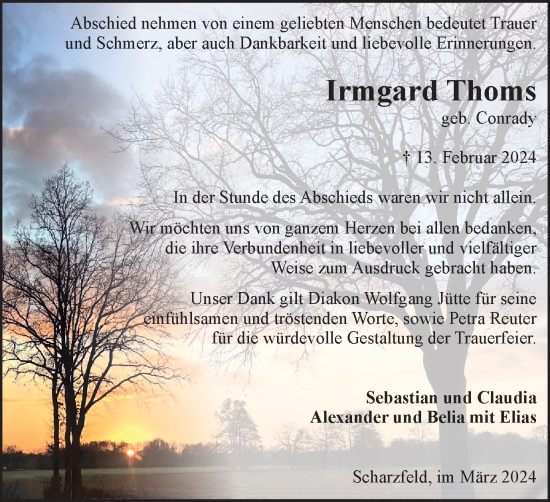 Traueranzeige von Irmgard Thoms von Harz Kurier