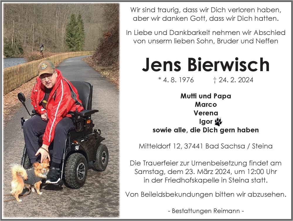  Traueranzeige für Jens Bierwisch vom 02.03.2024 aus Harz Kurier