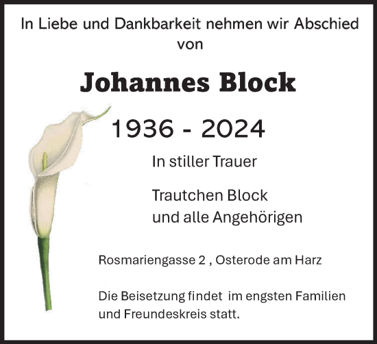 Traueranzeige von Johannes Block von Harz Kurier