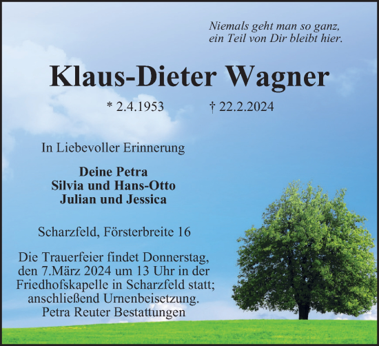 Traueranzeige von Klaus-Dieter Wagner von Harz Kurier