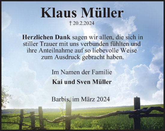 Traueranzeige von Klaus Müller von Harz Kurier