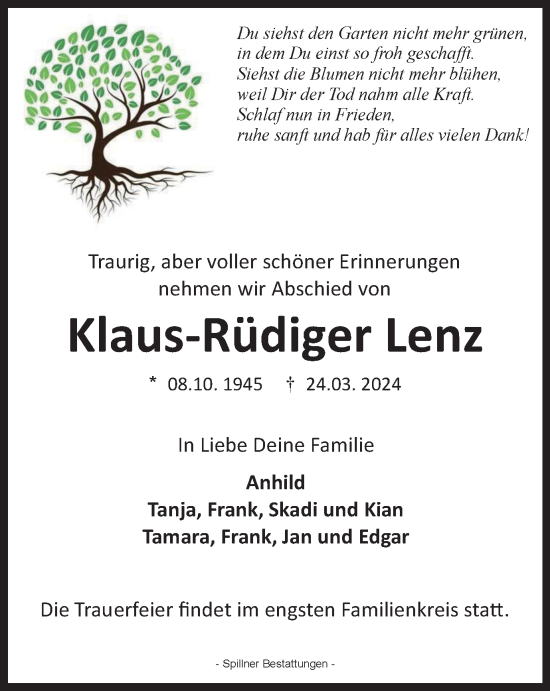 Traueranzeige von Klaus-Rüdiger Lenz von Harz Kurier