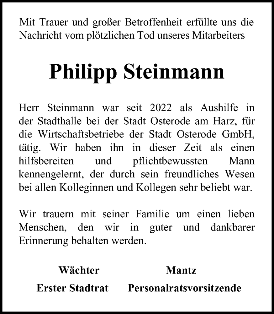  Traueranzeige für Philipp Steinmann vom 30.03.2024 aus Harz Kurier