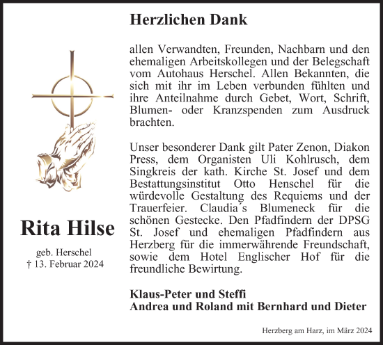 Traueranzeige von Rita Hilse von Harz Kurier