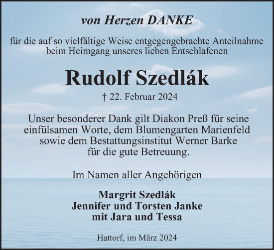 Traueranzeige von Rudolf Szedlak von Harz Kurier