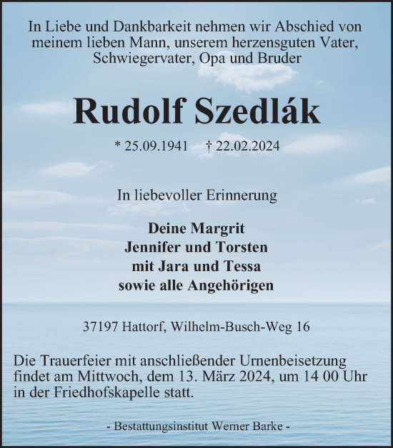 Traueranzeige von Rudolf Szedlak von Harz Kurier