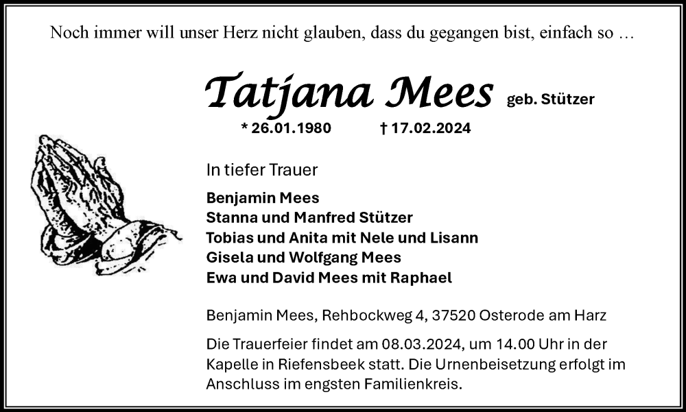  Traueranzeige für Tatjana Mees vom 02.03.2024 aus Harz Kurier