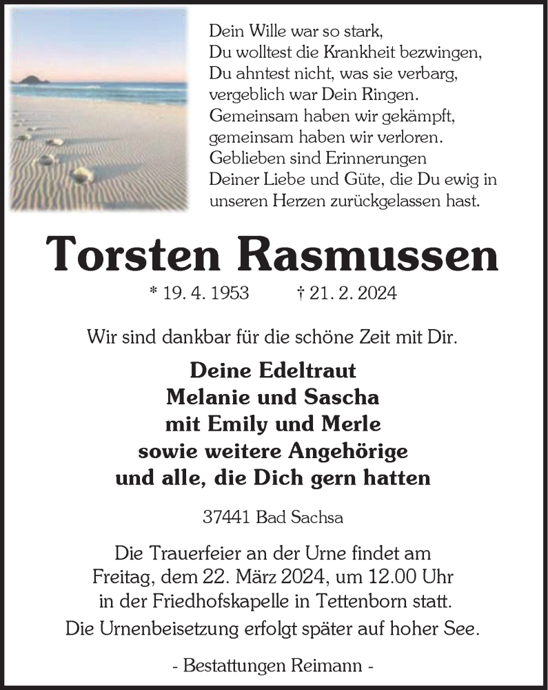  Traueranzeige für Torsten Rasmussen vom 09.03.2024 aus Harz Kurier