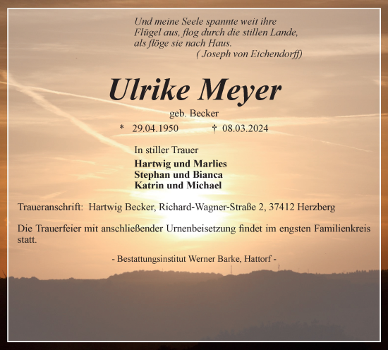 Traueranzeige von Ulrike Meyer von Harz Kurier