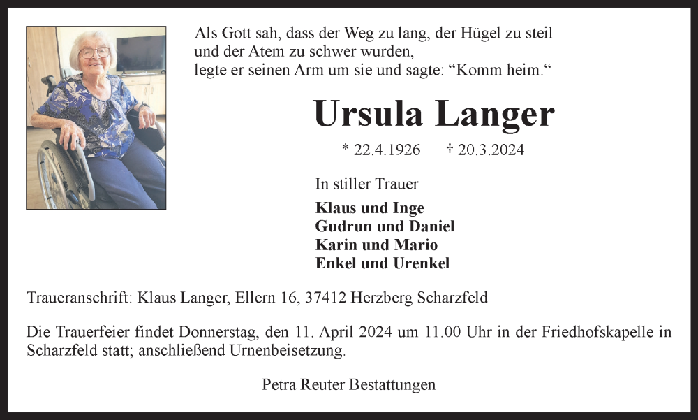  Traueranzeige für Ursula Langer vom 30.03.2024 aus Harz Kurier