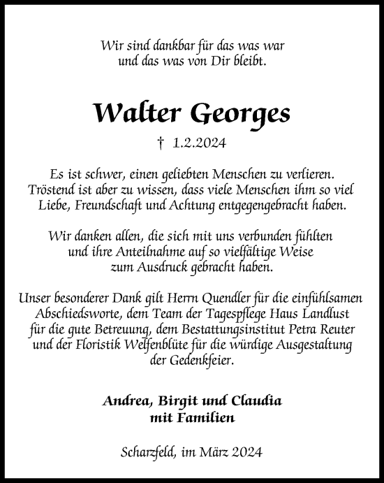 Traueranzeige von Walter Georges von Harz Kurier