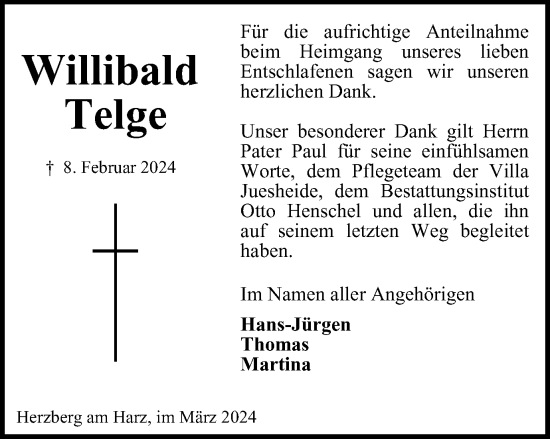 Traueranzeige von Willibald Telge von Harz Kurier