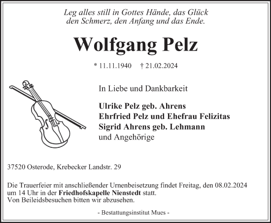 Traueranzeige von Wolfgang Pelz von Harz Kurier