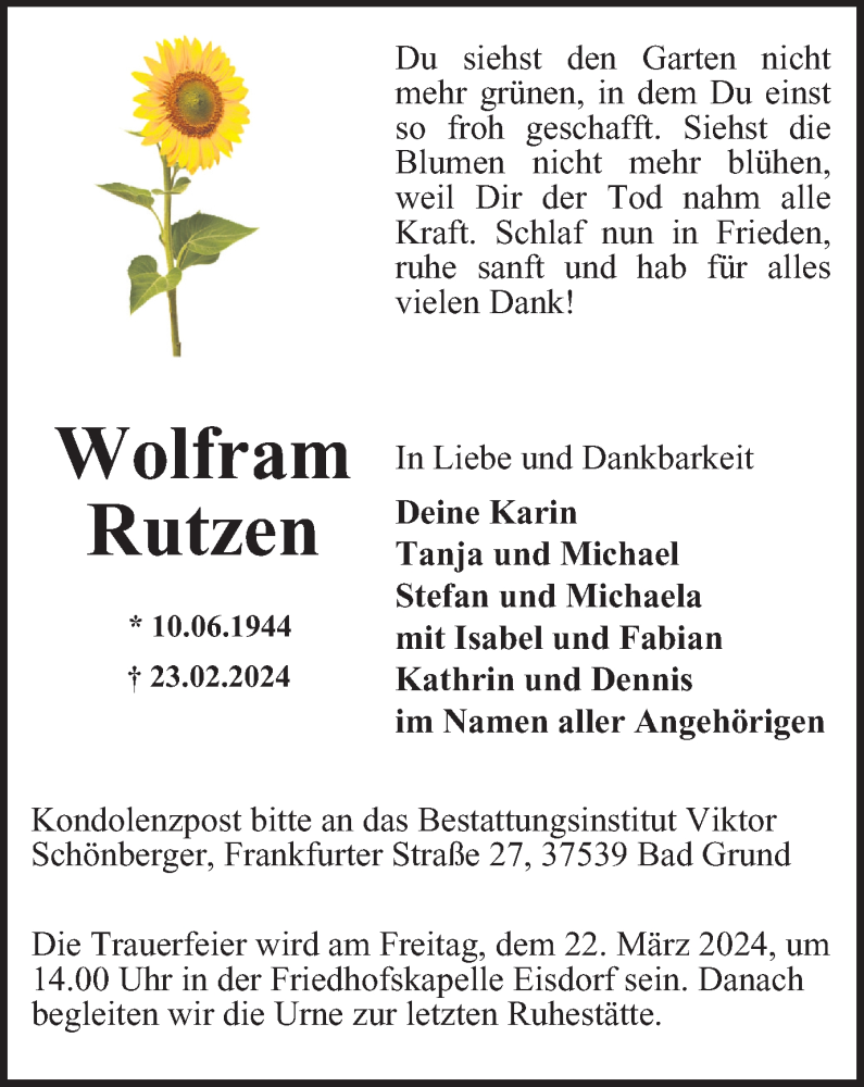  Traueranzeige für Wolfram Rutzen vom 16.03.2024 aus Harz Kurier