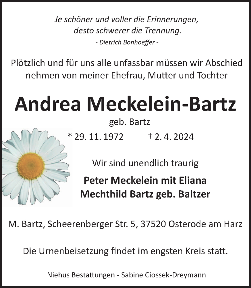  Traueranzeige für Andrea Meckelein-Bartz vom 13.04.2024 aus Harz Kurier