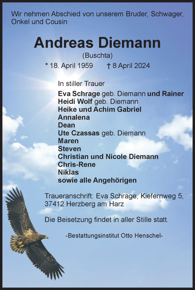  Traueranzeige für Andreas Diemann vom 13.04.2024 aus Harz Kurier