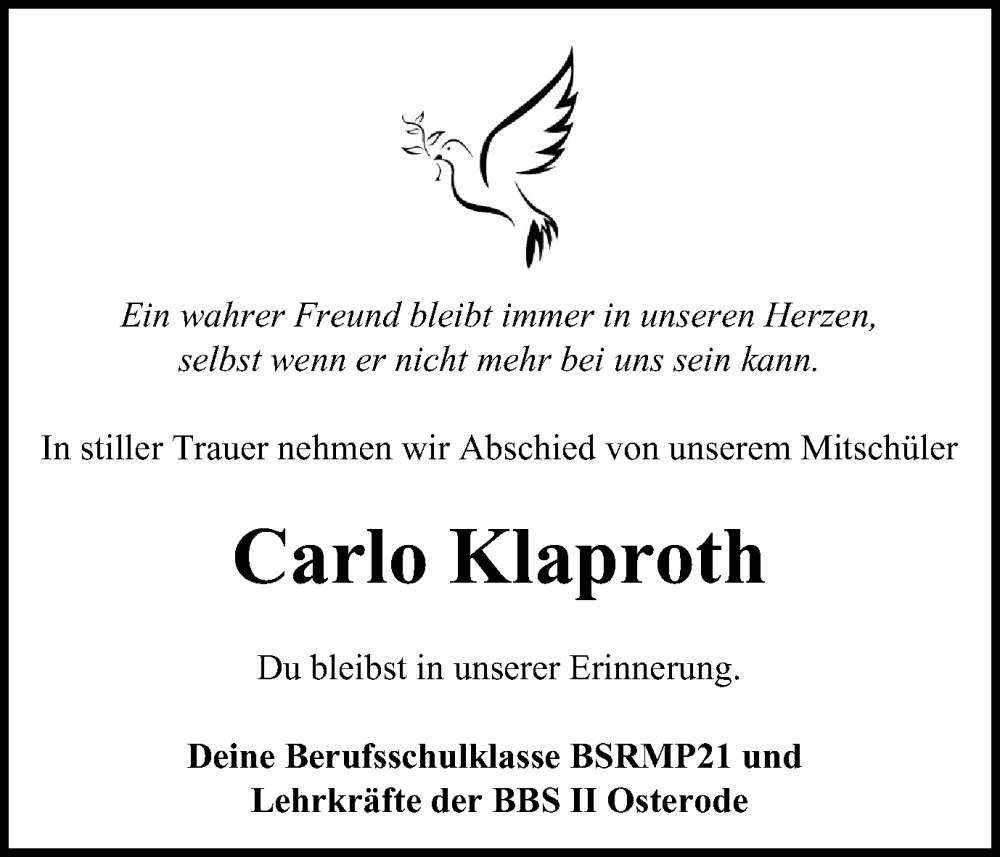  Traueranzeige für Carlo Klaproth vom 06.04.2024 aus Harz Kurier