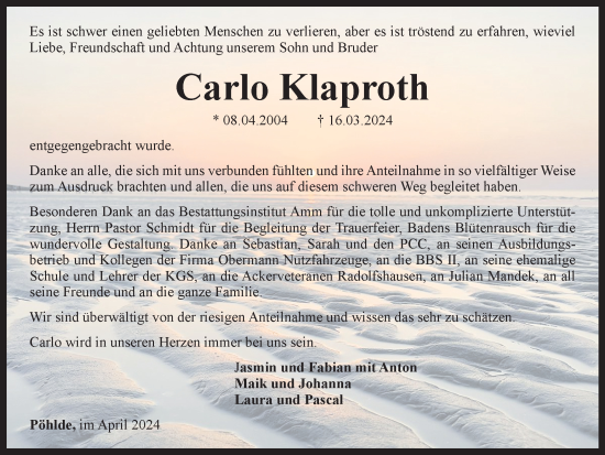 Traueranzeige von Carlo Klaproth von Harz Kurier