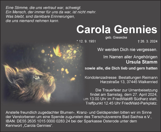 Traueranzeige von Carola Gennies von Harz Kurier