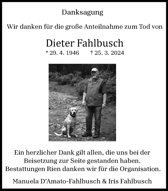 Traueranzeige von Dieter Fahlbusch von Harz Kurier