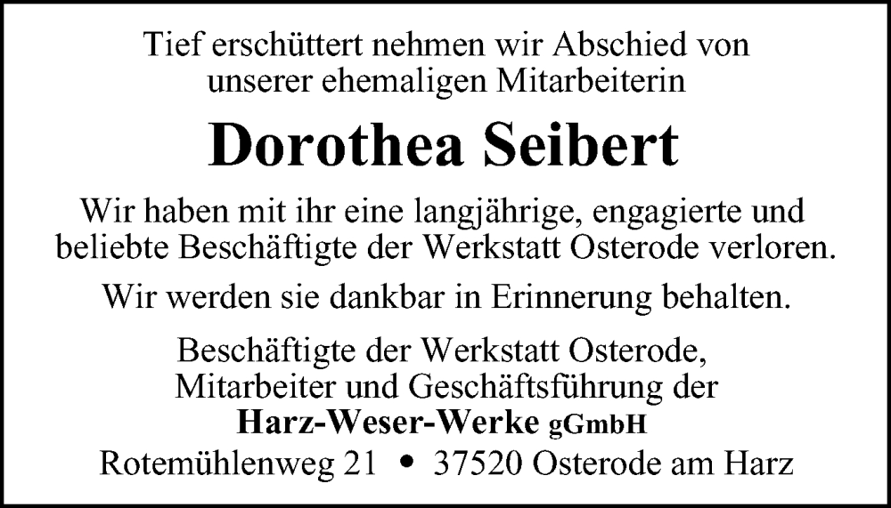  Traueranzeige für Dorothea Seibert vom 13.04.2024 aus Harz Kurier