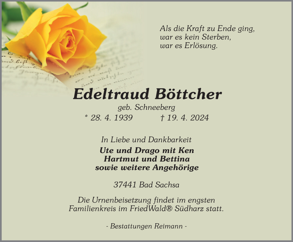  Traueranzeige für Edeltraud Böttcher vom 27.04.2024 aus Harz Kurier
