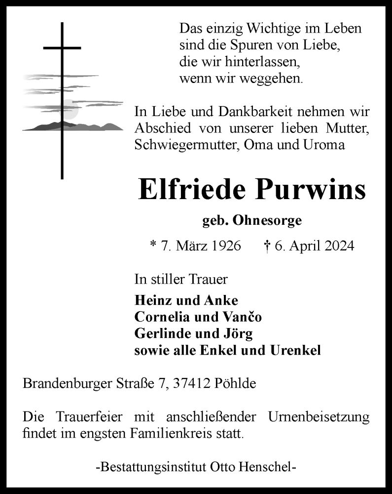  Traueranzeige für Elfriede Purwins vom 13.04.2024 aus Harz Kurier