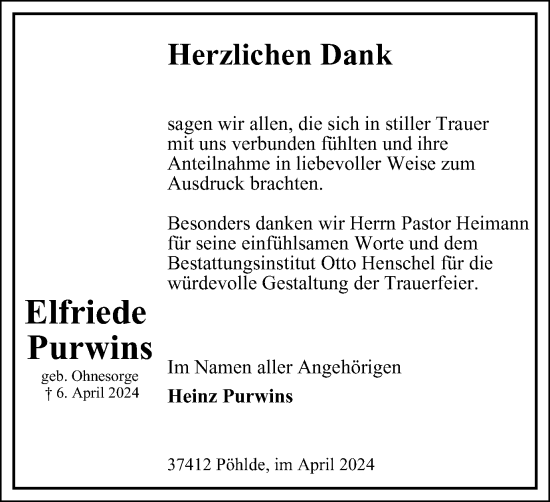 Traueranzeige von Elfriede Purwins von Harz Kurier