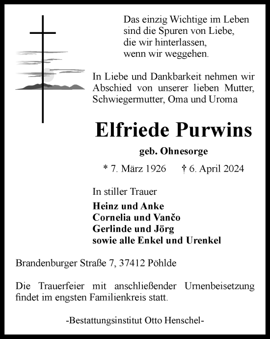 Traueranzeige von Elfriede Purwins von Harz Kurier