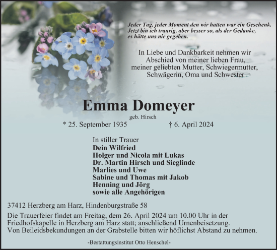 Traueranzeige von Emma Domeyer von Harz Kurier