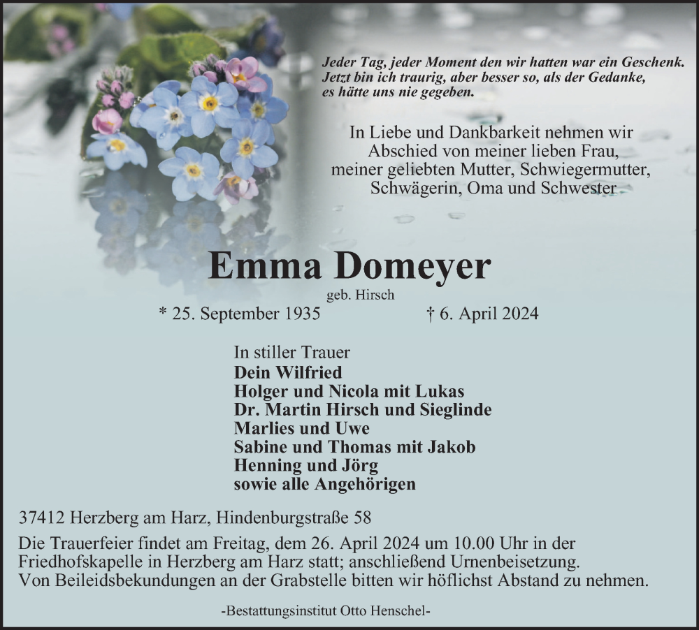  Traueranzeige für Emma Domeyer vom 20.04.2024 aus Harz Kurier