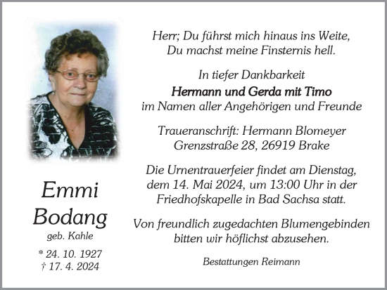 Traueranzeige von Emmi Bodang von Harz Kurier