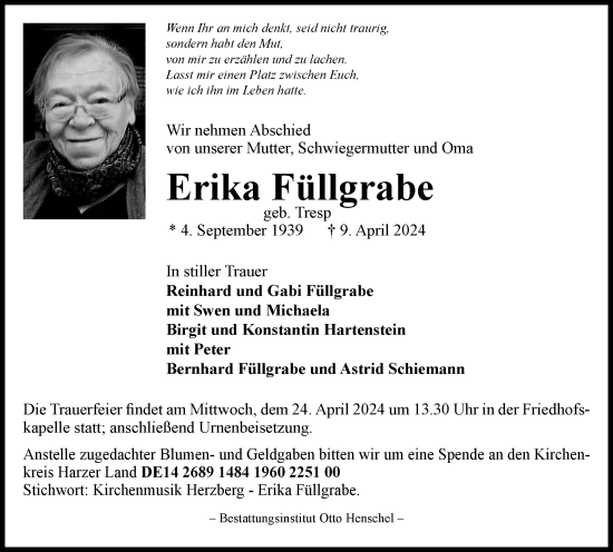 Traueranzeige von Erika Füllgrabe von Harz Kurier
