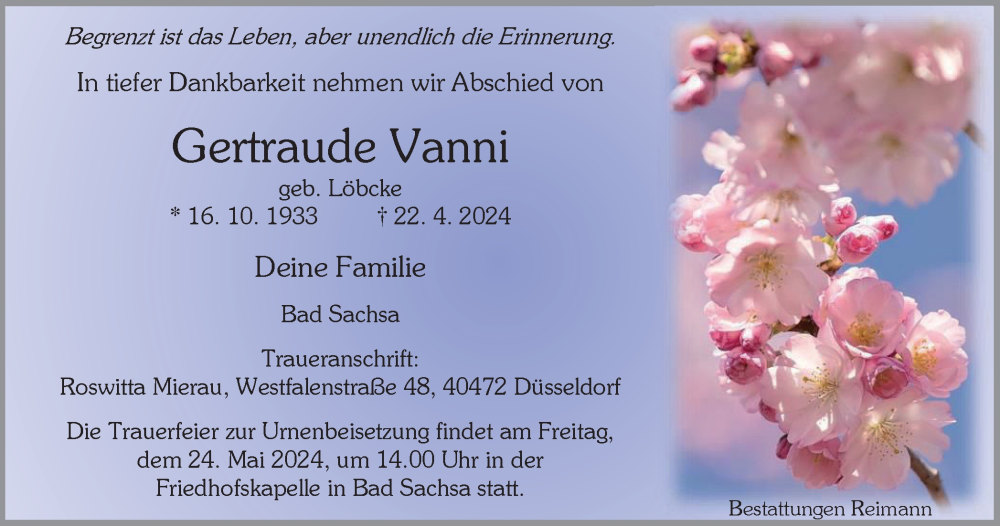  Traueranzeige für Gertraude Vanni vom 27.04.2024 aus Harz Kurier