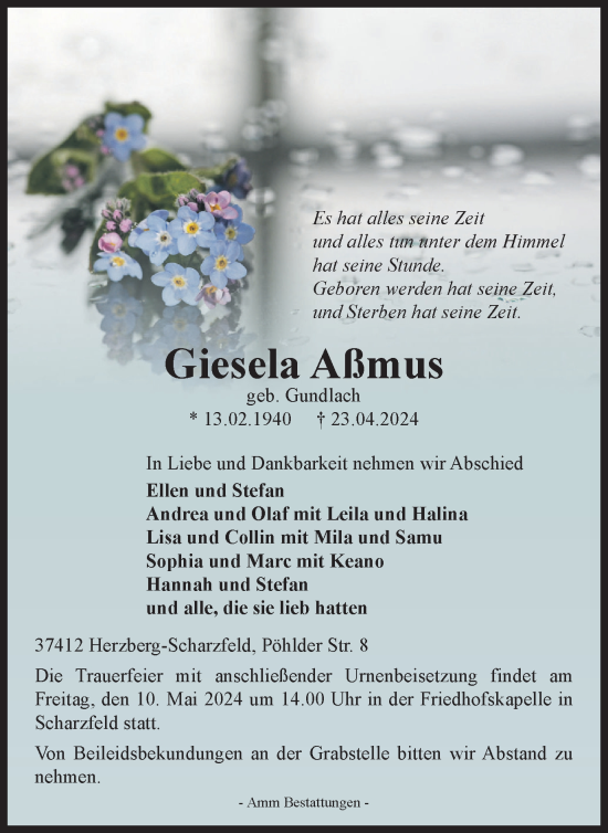 Traueranzeige von Giesela Aßmus von Harz Kurier