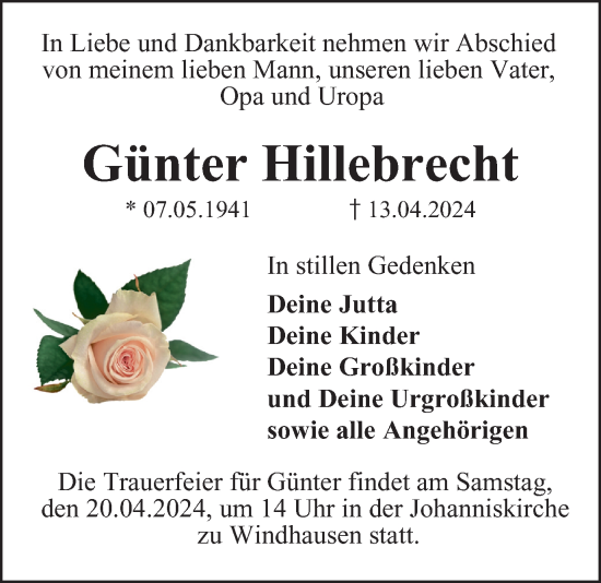 Traueranzeige von Günter Hillebrecht von Harz Kurier