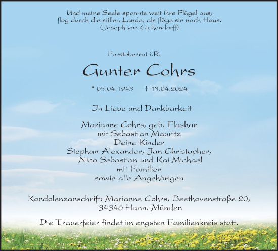 Traueranzeige von Gunter Cohrs von Harz Kurier
