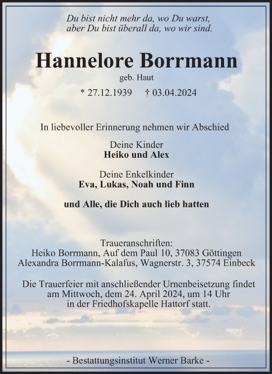 Traueranzeige von Hannelore Borrmann von Harz Kurier