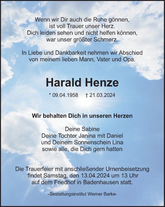Traueranzeige von Harald Henze von Harz Kurier