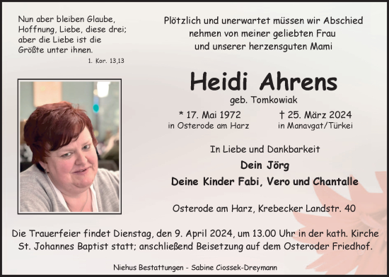 Traueranzeige von Heidi Ahrens von Harz Kurier