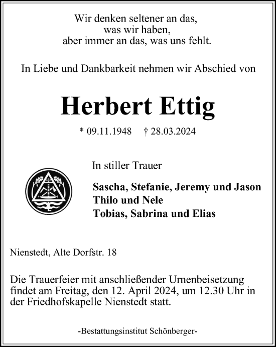 Traueranzeige von Herbert Ettig von Harz Kurier