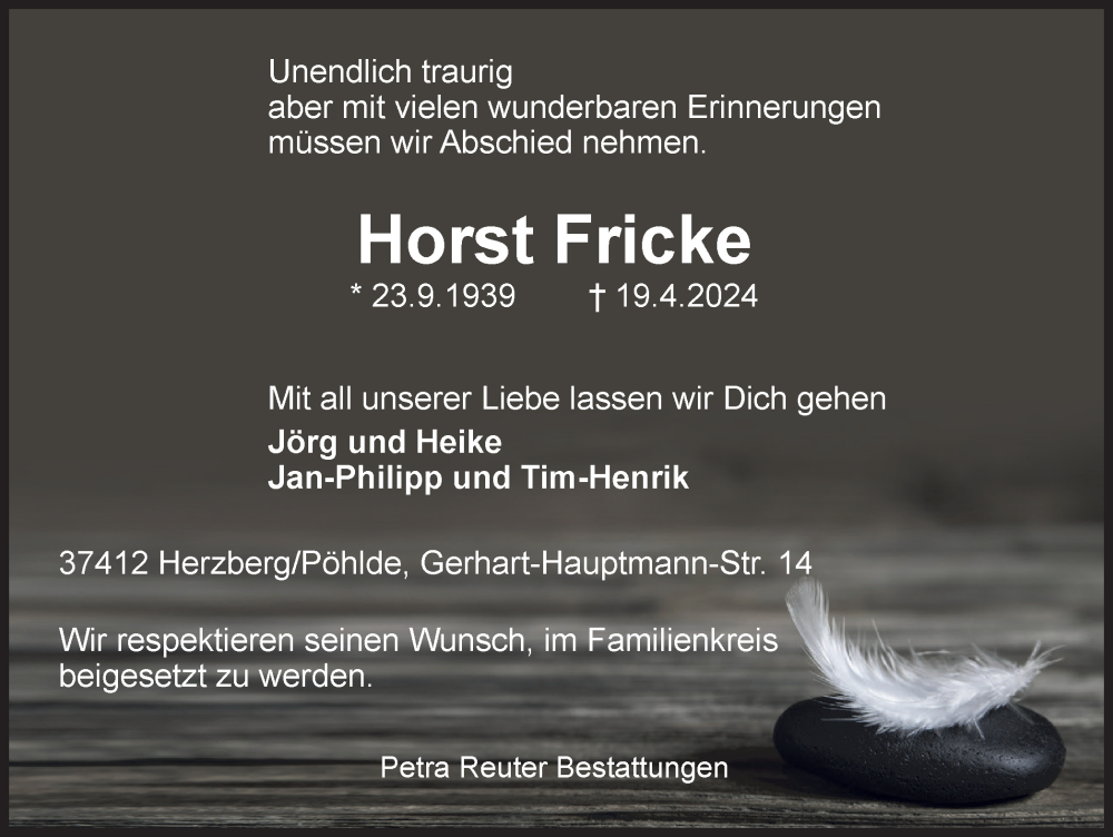  Traueranzeige für Horst Fricke vom 27.04.2024 aus Harz Kurier