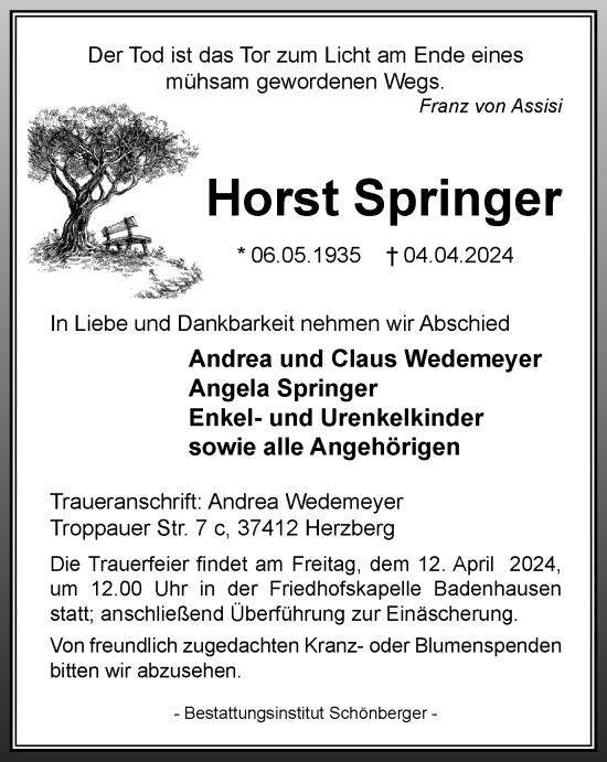 Traueranzeige von Horst Springer von Harz Kurier