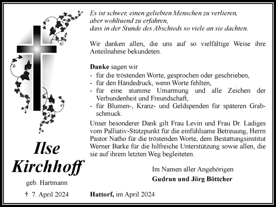 Traueranzeige von Ilse Kirchhoff von Harz Kurier